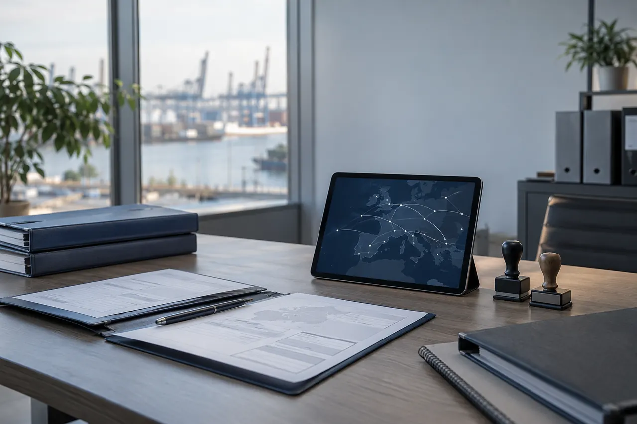 Carpetas, sellos y una tablet con un mapa sobre la mesa de una oficina de tráfico.