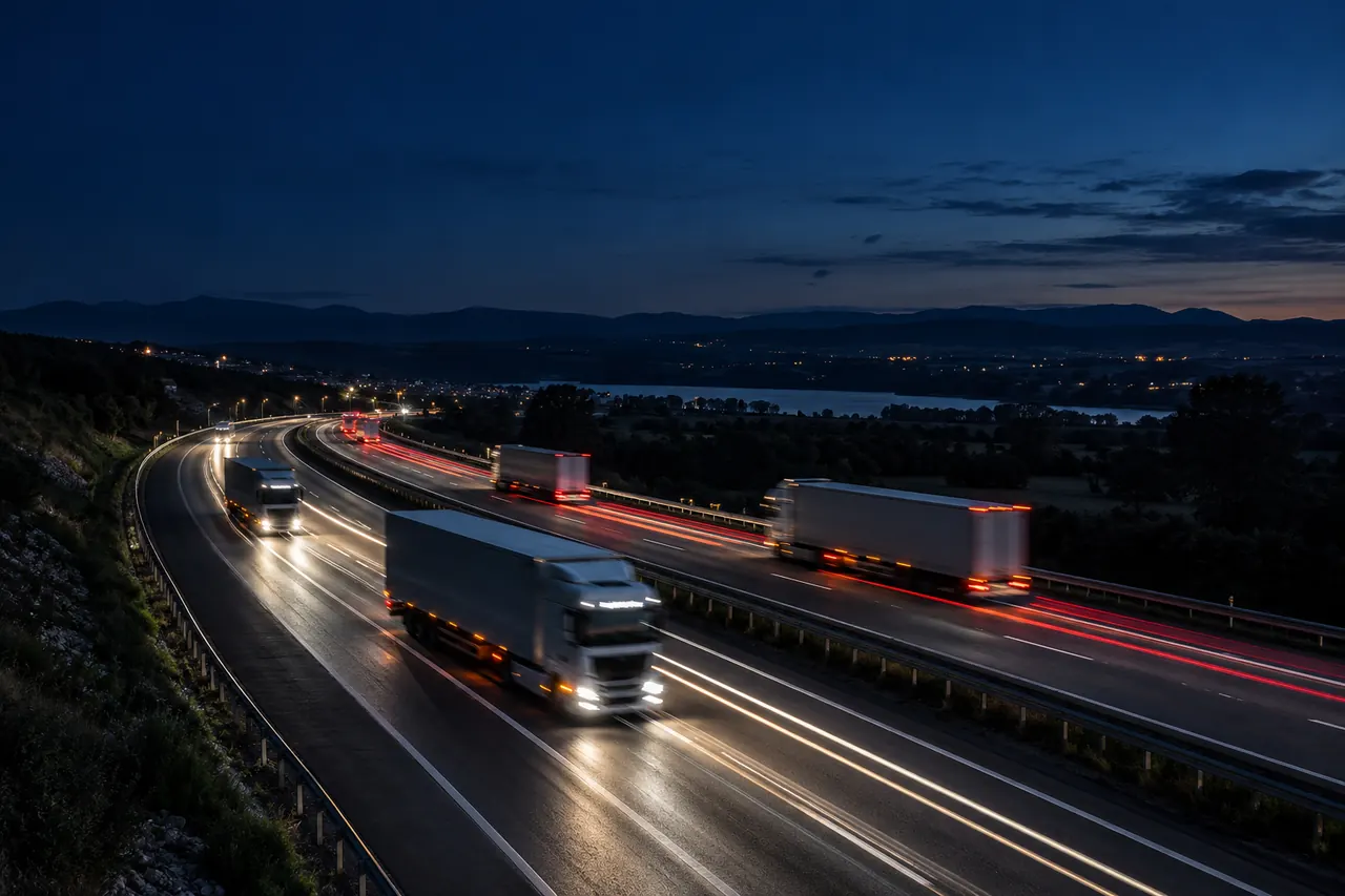 Camiones de noche por la autopista, dejando estelas de luz.