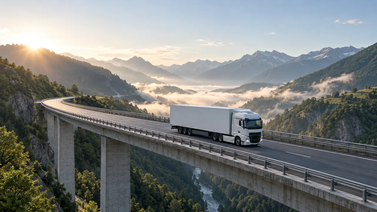 Un camión articulado cruza un viaducto entre montañas con niebla baja: el viaje por carretera hasta la costa.